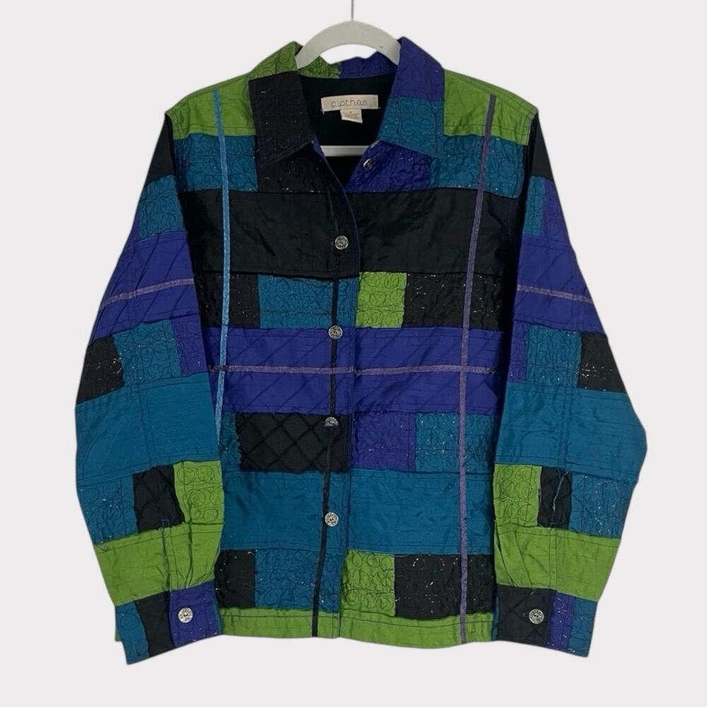 c.l.o.t.h.e.s. Vintage Blue & Green Color Block Embroidered Button Down Jacket